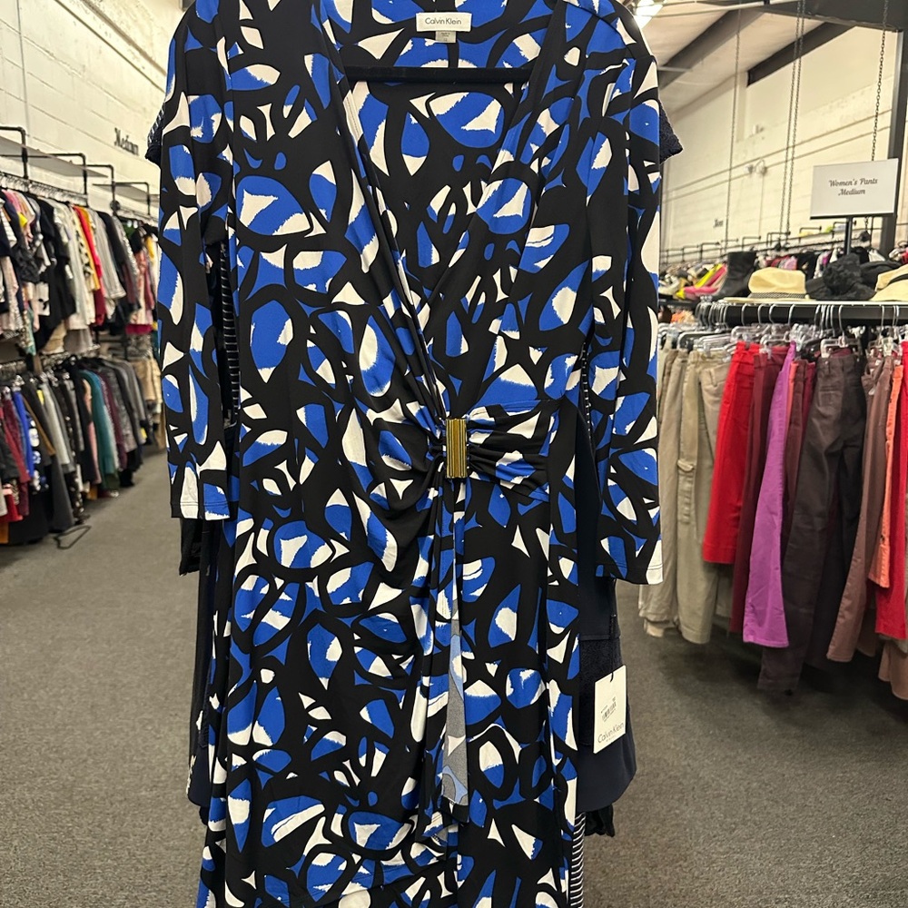 NWT Calvin Klein Wrap Dress Geometric Print Blue Black Stretch